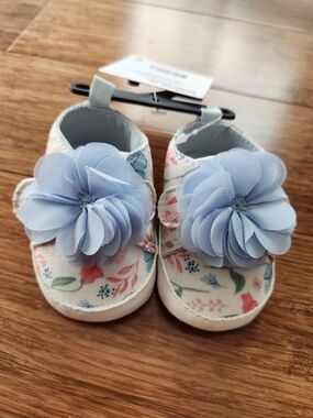 Carter's White Floral Baby Shoes with Light Blue Flower, Newborn